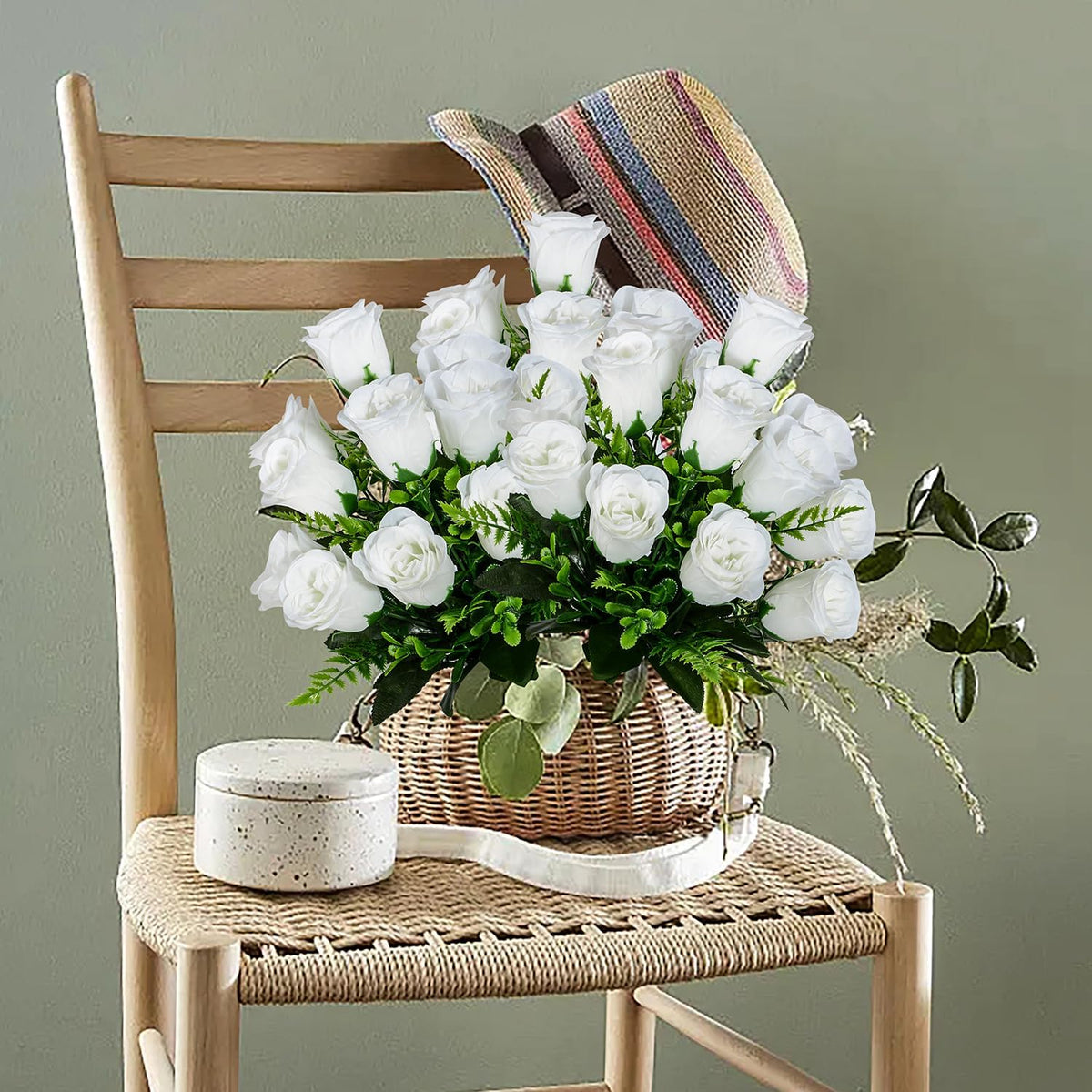 Artificial Rose Flowers Bouquet Realistic Silk Rose Fake Flowers for Wedding Home Centerpieces Party Cemetery Grave Decoration (4 Bouquets, White)