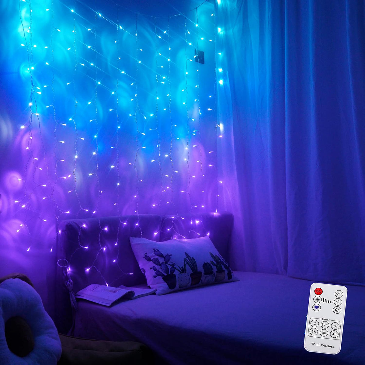 Curtain Fairy Lights Teal Blue Purple Ombre with Remote, Led String Lights for Girls Room Mermaid Unicorn Twinkle Wall Hanging Frozen Turquoise Lavender Lilac