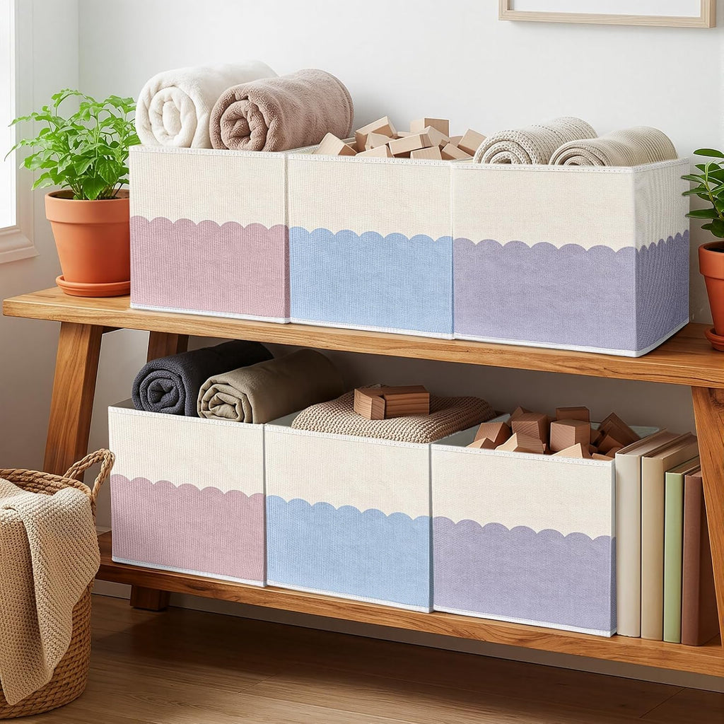 BBSET 6 Pack Fabric Storage Cubes12.5 inch Pastel Scalloped Color