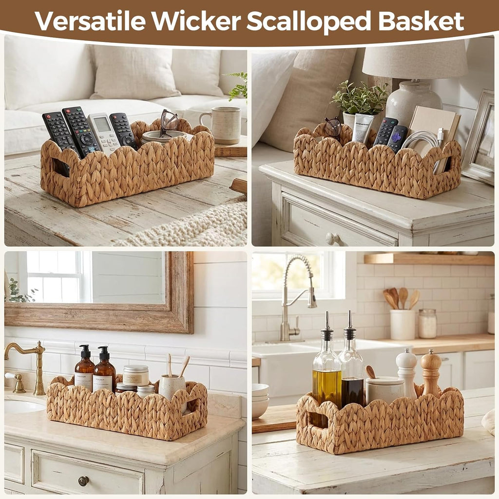 2 Pack Scalloped Water Hyacinth Toilet Tank Basket for Bathroom Decor