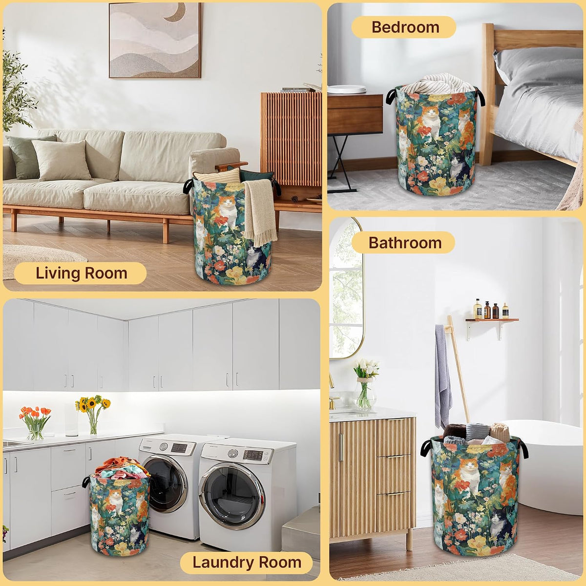 Watercolor Cats Collapsible Laundry Hamper with Handles,Oxford Cloth Laundry Basket,Storage Organizer for Bathroom Bedroom Laundry Room