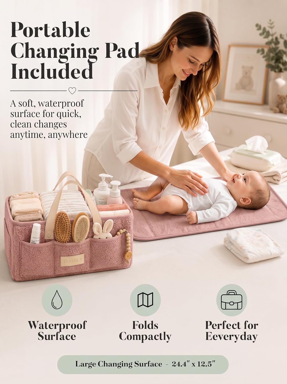 Baby Diaper Caddy Organizer with Waterproof Changing Pad, Pink