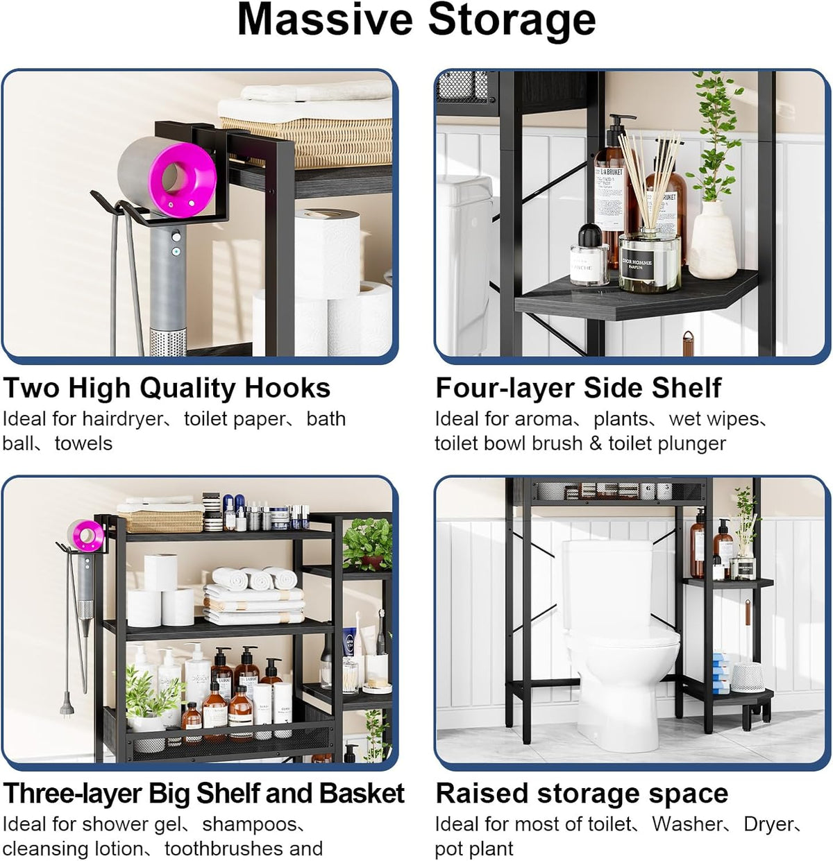 K1 Heavy Duty 7-Tier Over The Toilet Storage（with Basket and Paper Hook） Freestanding Above Toilet Shelf with Adjustable Feet，Space Saver Bathroom Shelves 9.3" D x 33.5" W x 63.8" H，Black