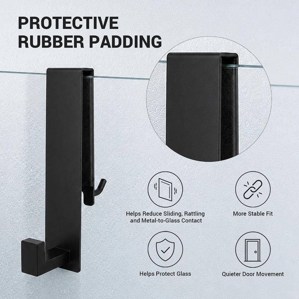 Zidox Shower Door Hooks for Frameless Glass, Double-Sided Over The Glass Towel Hook & Squeegee Holder, Rubber Covered Scratch-Free Bathroom Shower Hooks for Up to 1/2" Door (Matte Black, 2 Pack)