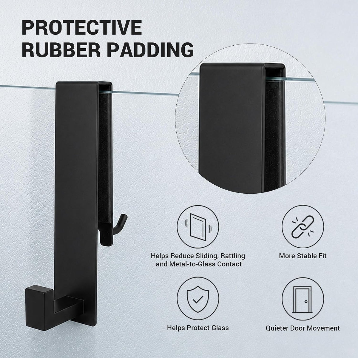 Zidox Shower Door Hooks for Frameless Glass, Double-Sided Over The Glass Towel Hook & Squeegee Holder, Rubber Covered Scratch-Free Bathroom Shower Hooks for Up to 1/2" Door (Matte Black, 2 Pack)