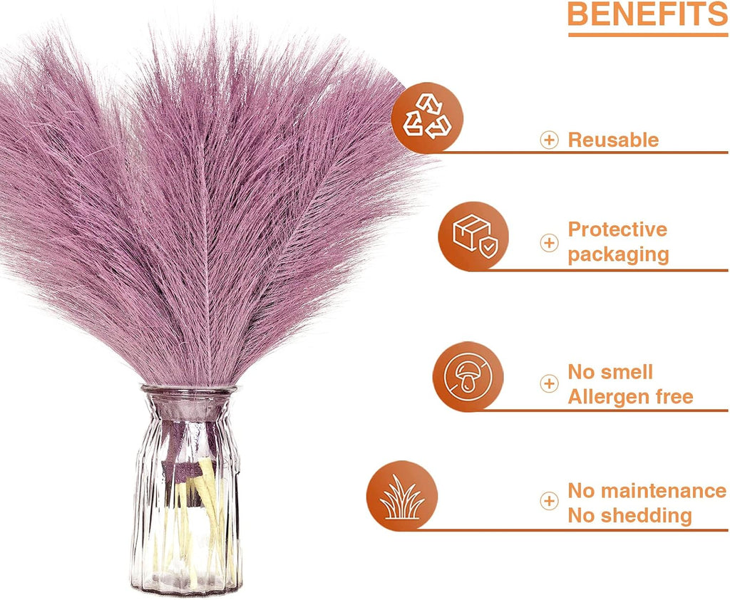 Faux Pampas Grass, 6 Stems Artificial Pampas Grass Decor Flurry Pompous Grass for Small Vase Boho Home Decor/Wedding Arrangements/Rustic Decor 18''/45cm (Light Purple)