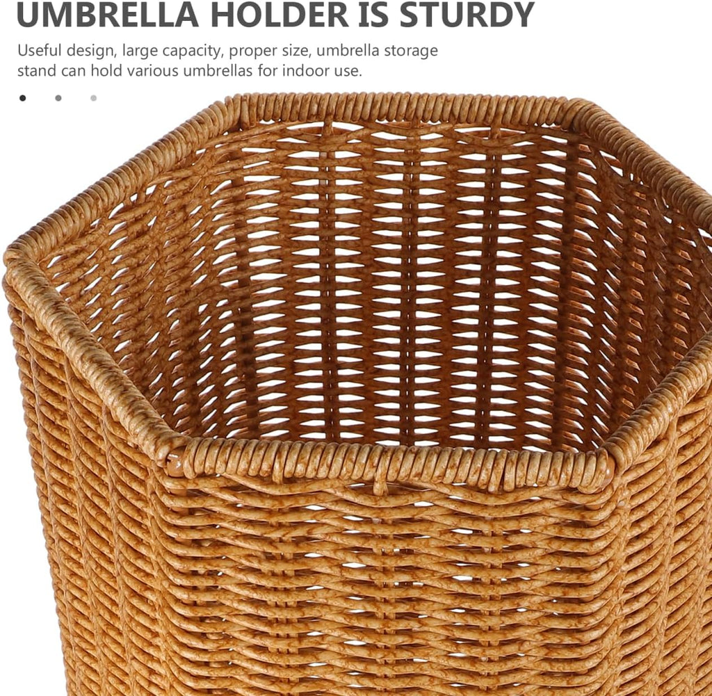 Angoily Artificial Rattan Umbrella Stand with Large Capacity Storage Bucket and Tray Indoor Umbrella Holder for Entryway and Office Multi-Use Rainshade Organizer with Yoga Mat Storage 15.55X7.87X7.48In