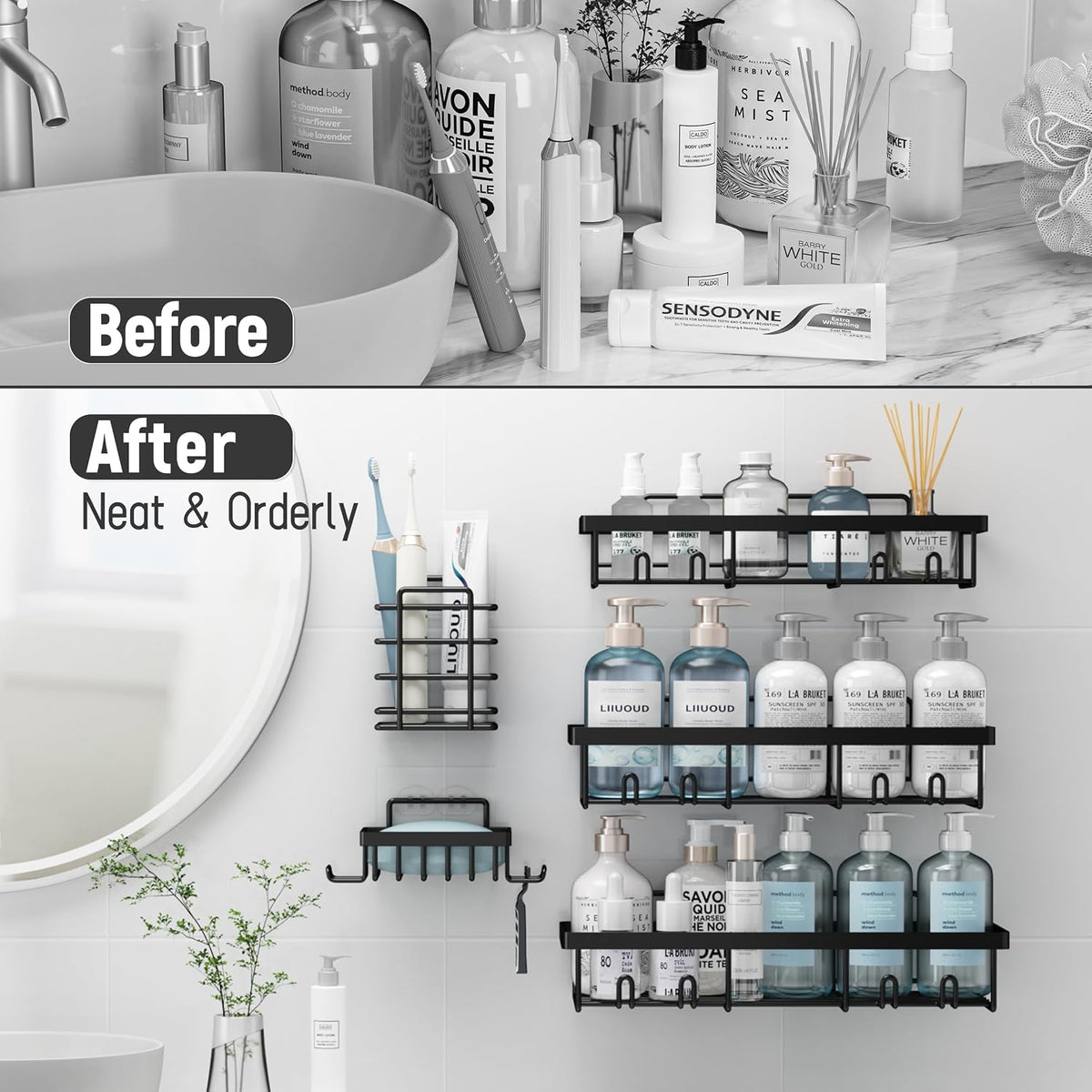 Liuoud Shower Caddy 5 Pack XL-Size Adhesive Stainless Steel Organizer