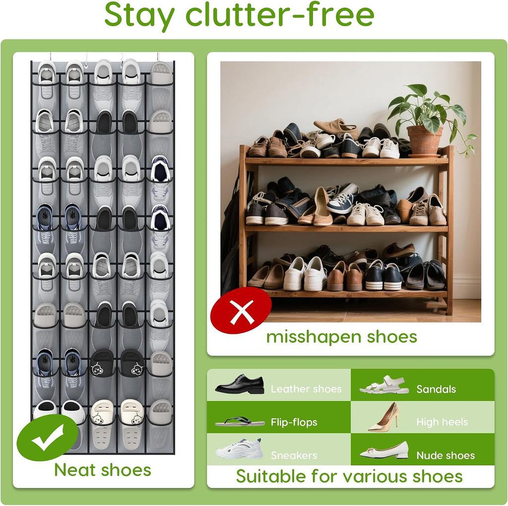 Over the Door Shoe Organizer with 40 Large Breathable Mesh Pockets, Space Saving Shoe Holder, Hanging Shoe Rack for Entryway Bedroom Closet Storage (Grey, 40 Pockets)