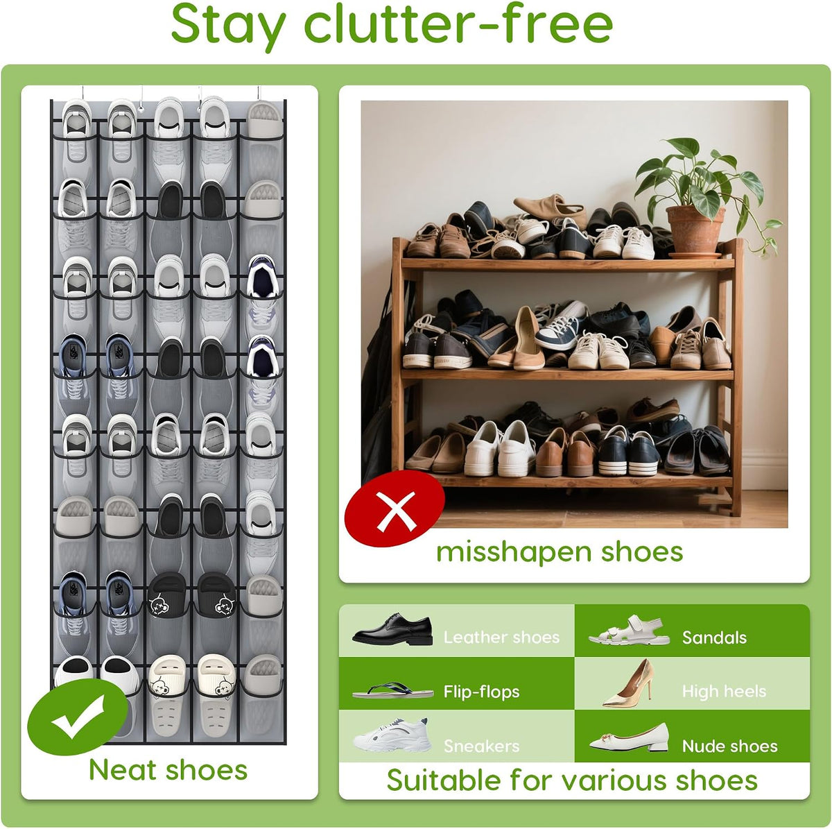 Over the Door Shoe Organizer with 40 Large Breathable Mesh Pockets, Space Saving Shoe Holder, Hanging Shoe Rack for Entryway Bedroom Closet Storage (Grey, 40 Pockets)