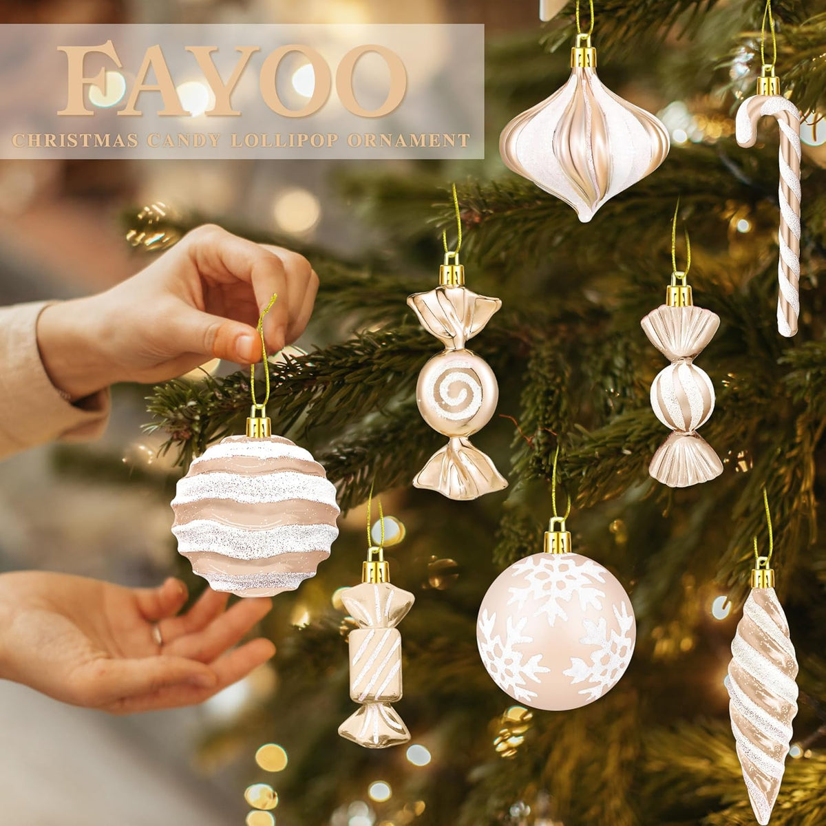 48Pcs Christmas Ornament Candy Lollipop Set Hanging Plastic, Champagne Gold