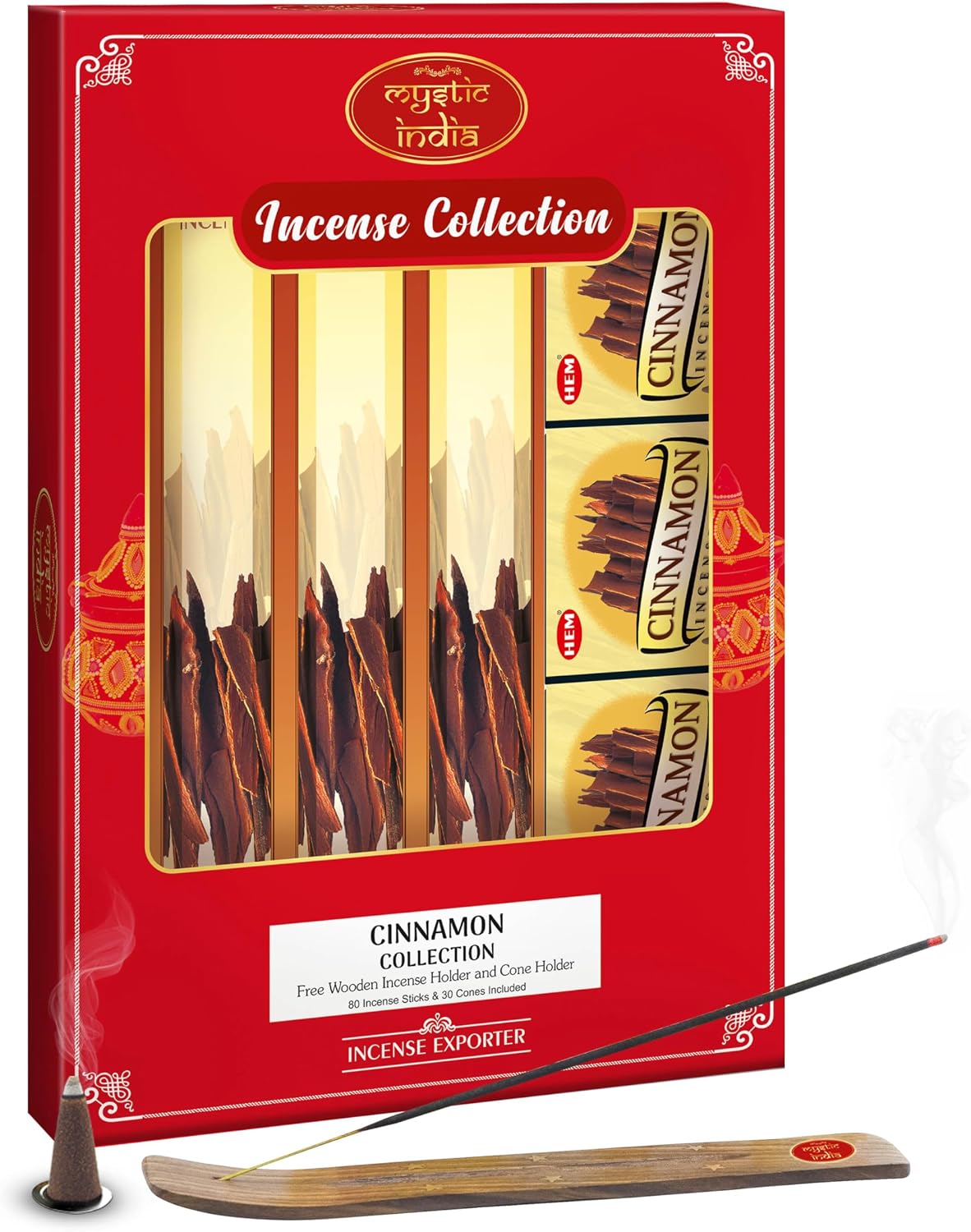 Mystic India - Hem Incense Cinnamon 4 Tube Hexa & 3 Box Cones with Free Incense Holder & Cone Holders
