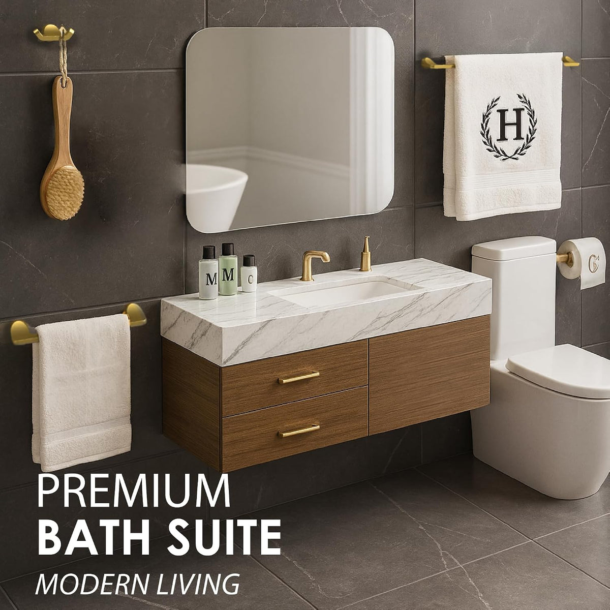 Mega Handles Bathroom Accessory Set Satin Brass - 4-Piece, Towel Bar, Hooks