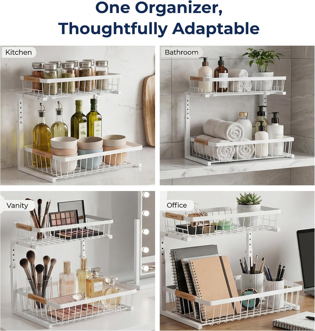 Under Kitchen Sink Organizer with LED Lights, 2 Pack, 2-Tier