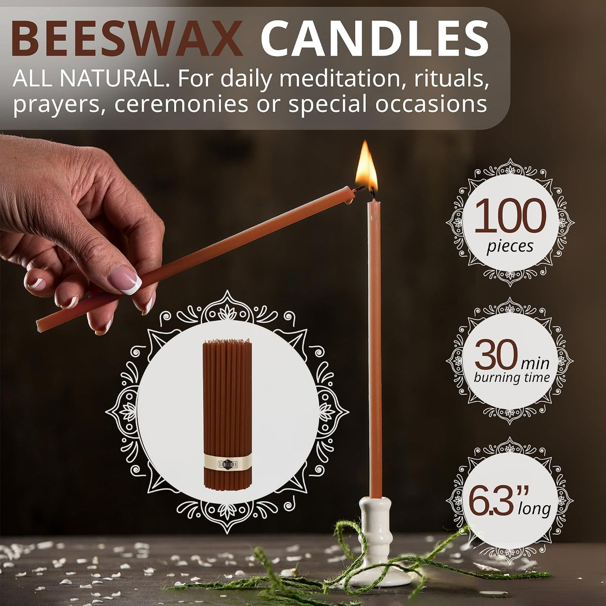 Danilovo Thin Taper Beeswax Candles - No-Drip, Smoke-Less, Tall, Decorative, Honey Scented Candles Ideal for Church Prayer, Rituals, Decor or Birthday – 6.3”x0.2” (Brown, 100pcs)