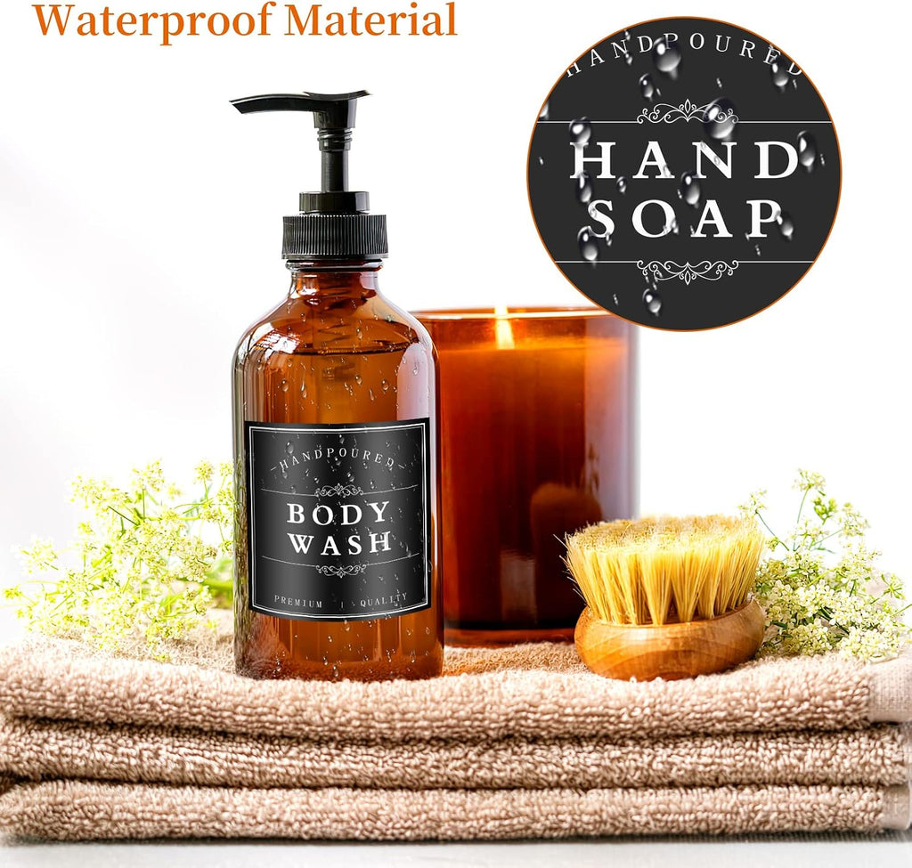 24PCS Waterproof Soap Labels for Bottles, Bathroom Hand Soap Label Stickers, Shampoo and Conditioner Dispenser Labels for Glass/Plastic Spray Bottle (Black)