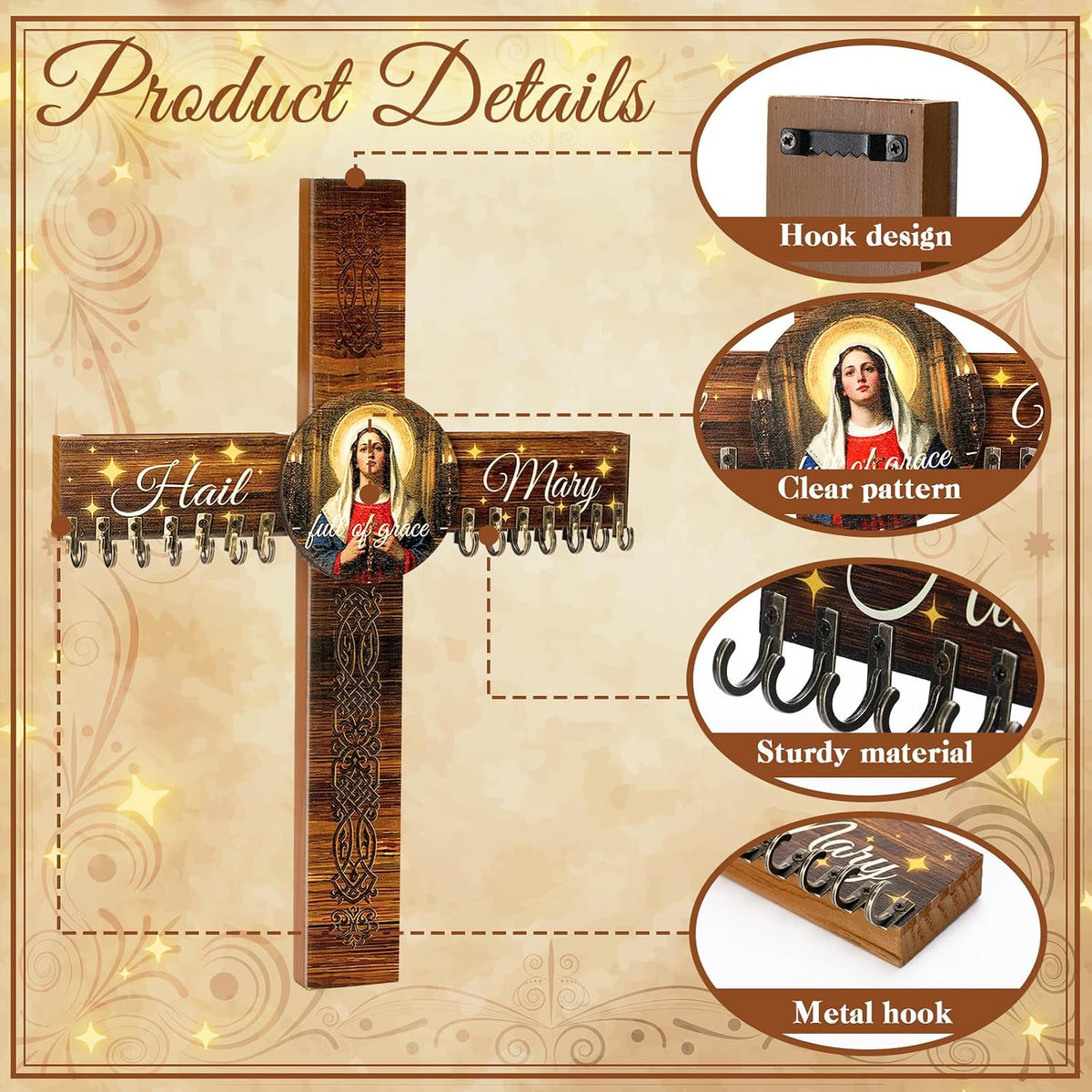 Yaomiao 16 x 12 Wooden Rosary Holder Cross Wall Mounted with 14 Hangers