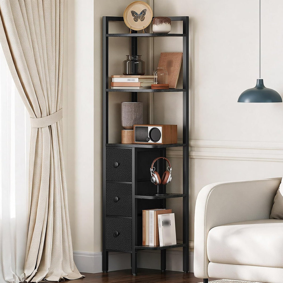 YATINEY 5-Tier Corner Shelf Stand, Corner Bookshelf with 3 Drawers, Black