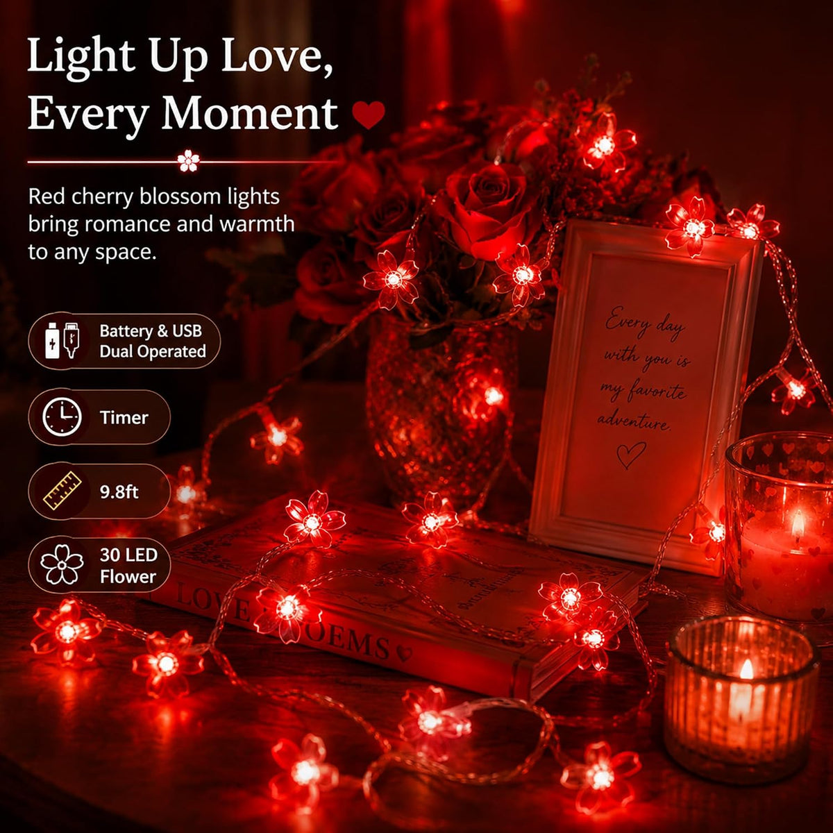 30 LED Red Flower Fairy Lights, Battery/USB Operated, Romantic Floral Decor
