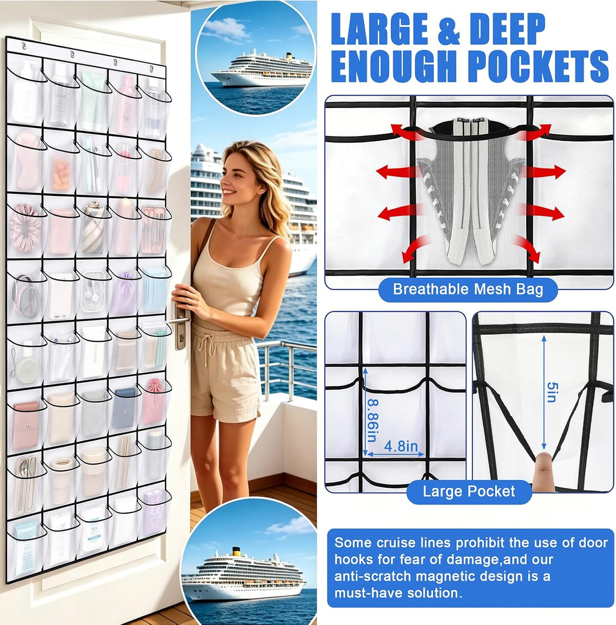 Cruise Ship Magnetic Door Organizer, 40 Pockets Over The Door Cruise Cabin Storage Shoe Rack with and 4 Strong Anti Scratch Magnets Carry Bag for 2026 Cruise Essentials Travel Organization