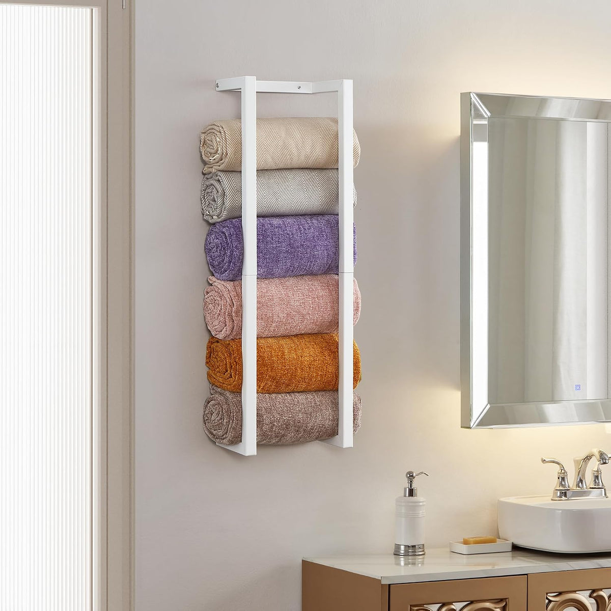 Towel Rack for Rolled Towels, Towel Rack for Bathroom,Wall Mounted Metal Bathroom Organizer, Bath Towel Holder Wall for Modern Small Space Bathroom Towel Storage (White)