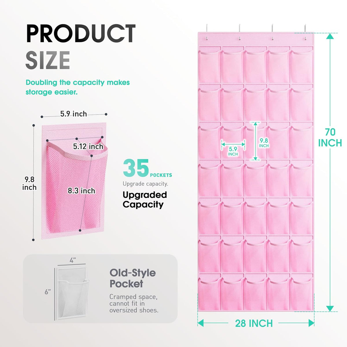 WVM Over the Door Shoe Organizer with 35 Breathable Mesh Pockets, Hanging Shoe Organizer for Door with 4 Metal Hooks, Large Capacity Closet Storage for Shoes, Accessories