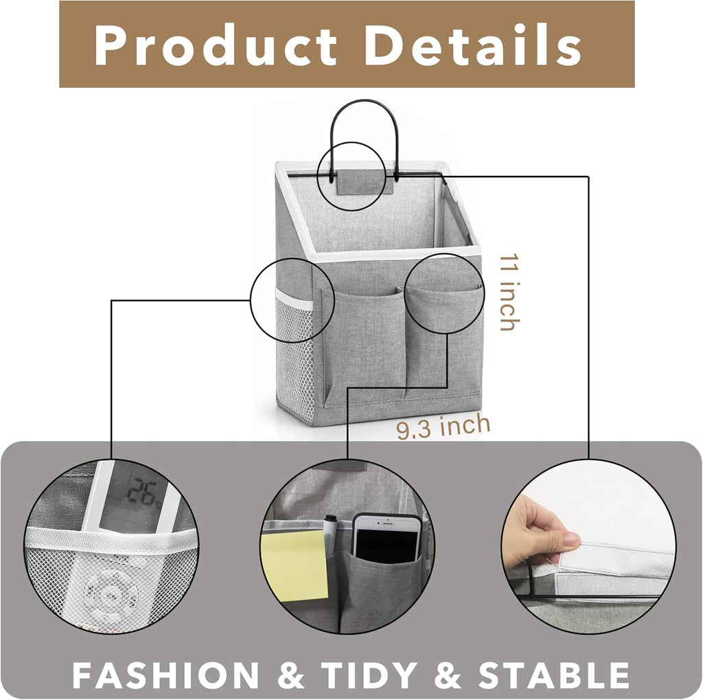 Kanrichu 3pcs Wall Hanging Organizer Bag, Linen Fabric Door Hanging Storage Basket with Pockets, Waterproof Bin for Kitchen, Bedroom, Office, RV Camper (Gray)