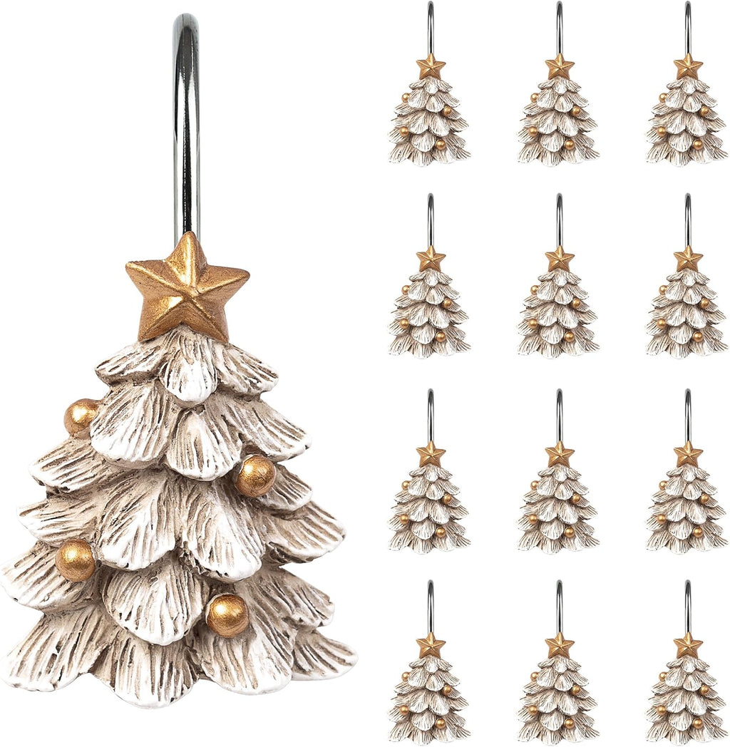 Sunlit Christmas Tree Decorative Shower Curtain Hooks with Star, Shower Curtain Rings, Resin, Xmas Theme Winter Holiday Bathroom Decoration, Set of 12, White Tree with Golden Balls Ornaments