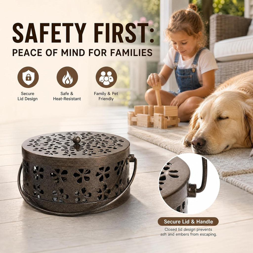 ZENFUN 2 Pack Iron Coil Holders with Lid and Handle, Bronze Incense Coil Burner with Lid, Retro Portable Coil Holder for Camp Use, Indoor, Outdoor, Fireproof, 5.7 Inches Diameter
