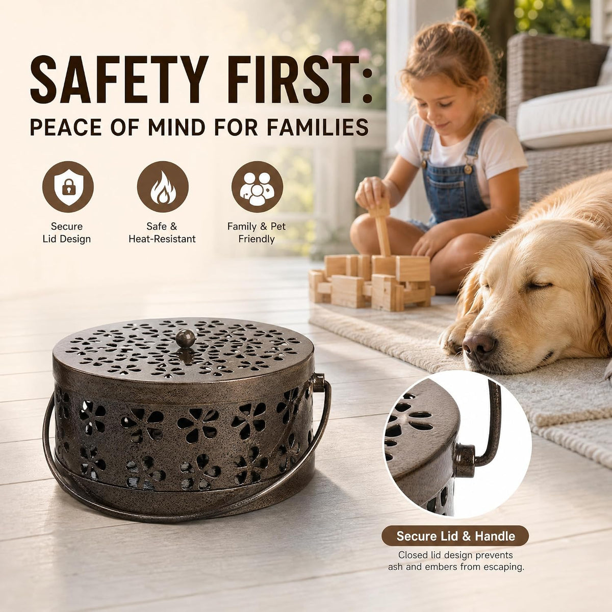 ZENFUN 2 Pack Iron Coil Holders with Lid and Handle, Bronze Incense Coil Burner with Lid, Retro Portable Coil Holder for Camp Use, Indoor, Outdoor, Fireproof, 5.7 Inches Diameter