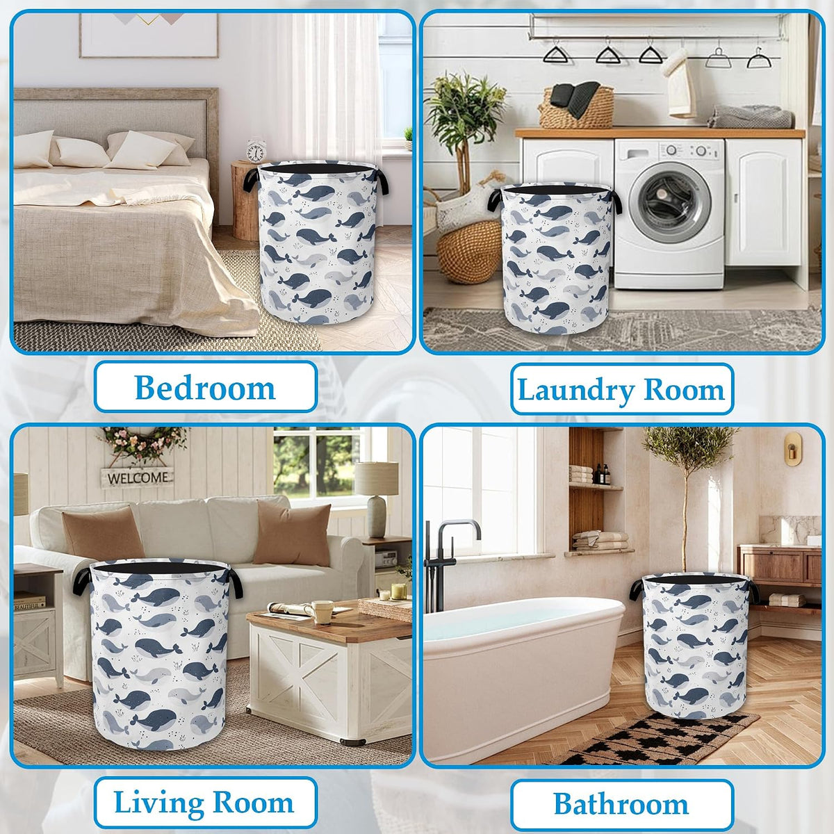 Cartoon Whale Laundry Basket Collapsible Laundry Hamper with Handle, Oxford Clothes Toy Storage Bin for Bathroom Bedroom Room Decor, Gift Basket 16" X 20.8"
