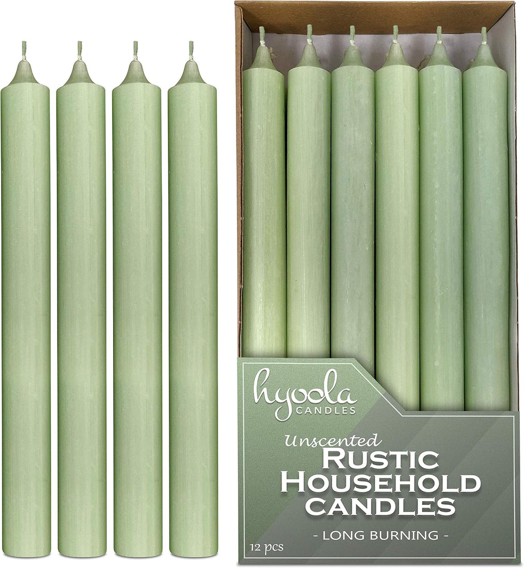 Hyoola 10 Inch Dinner Candles - 12 Pack - Light Green Tall Unscented Rustic Long Burning Candle Sticks