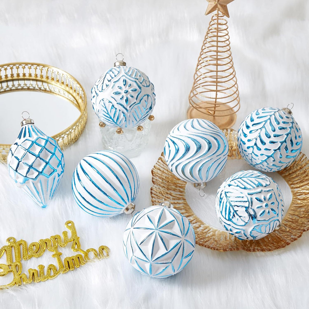 16Pcs Vintage Rustic Christmas Ball Ornaments - Large Shatterproof Neutral Christmas Ornaments Set Farmhouse Christmas Decor for Xmas Tree Home Party Holiday (Blue)