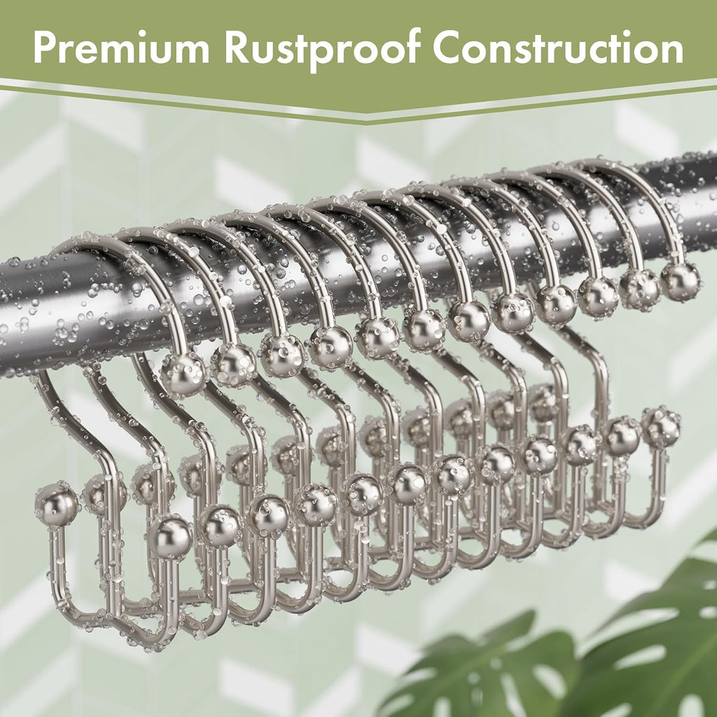 Amazer Nickel Shower Curtain Hooks, 12PCS Minimalist Simple Double Shower Curtain Rings, Rust-Resistant Metal Shower Hooks Shower Curtain Hangers, Shower Rings for Bathroom Shower Rods Curtains