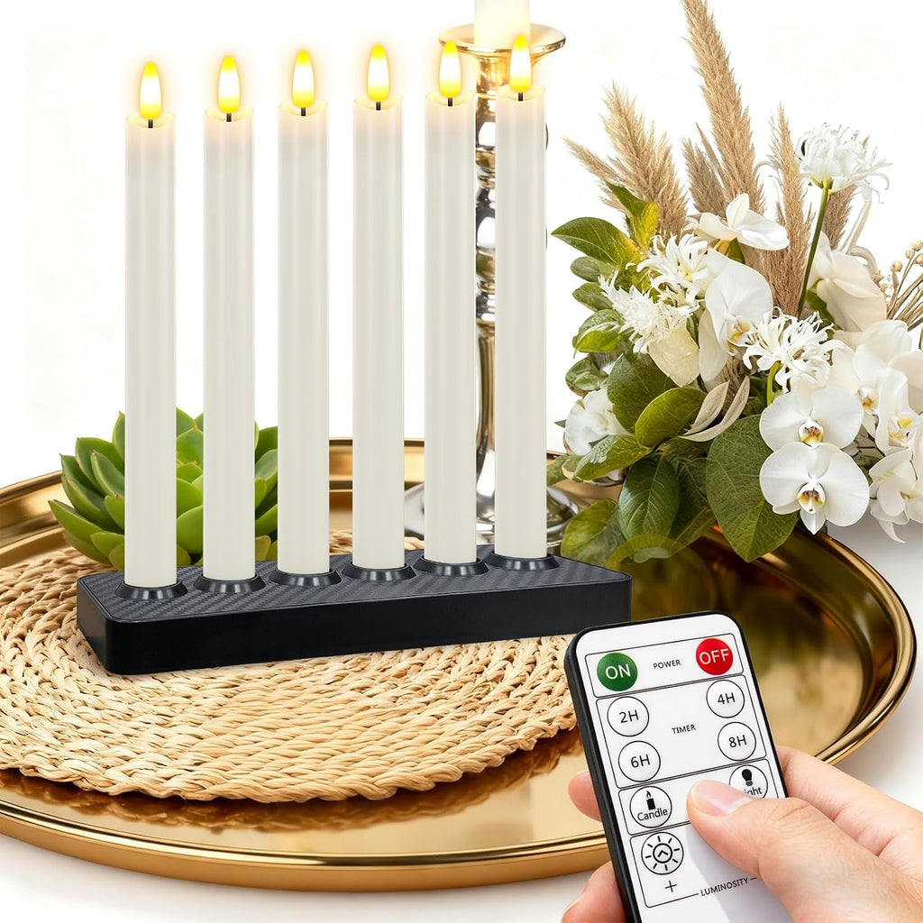 HL Rechargeable Flameless Taper Candles with Charging Base, 6 Pack