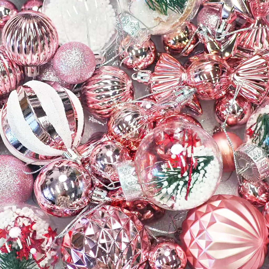111-Pack Christmas Balls Ornaments,Assorted Shatterproof Pink Christmas Ornaments Set, Luxurious Hanging Pendants Package for Tree Party Holiday Indoor Decor