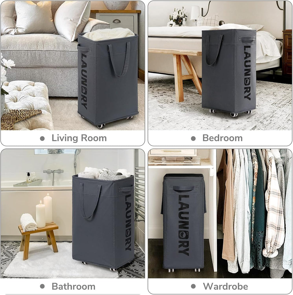 CHICVITA 75L Rolling Laundry Basket with Wheels 2-Pack, Wash Bags, Grey