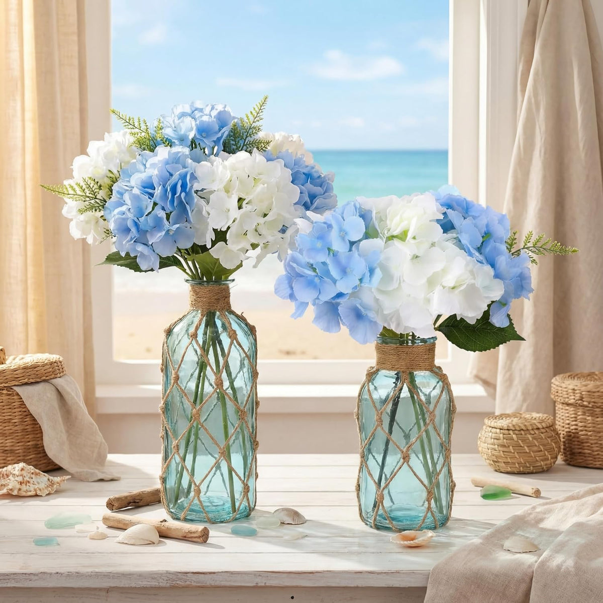 Chuangdi Set of 2 Coastal Glass Flower Vase with Boho Rope, Light Blue