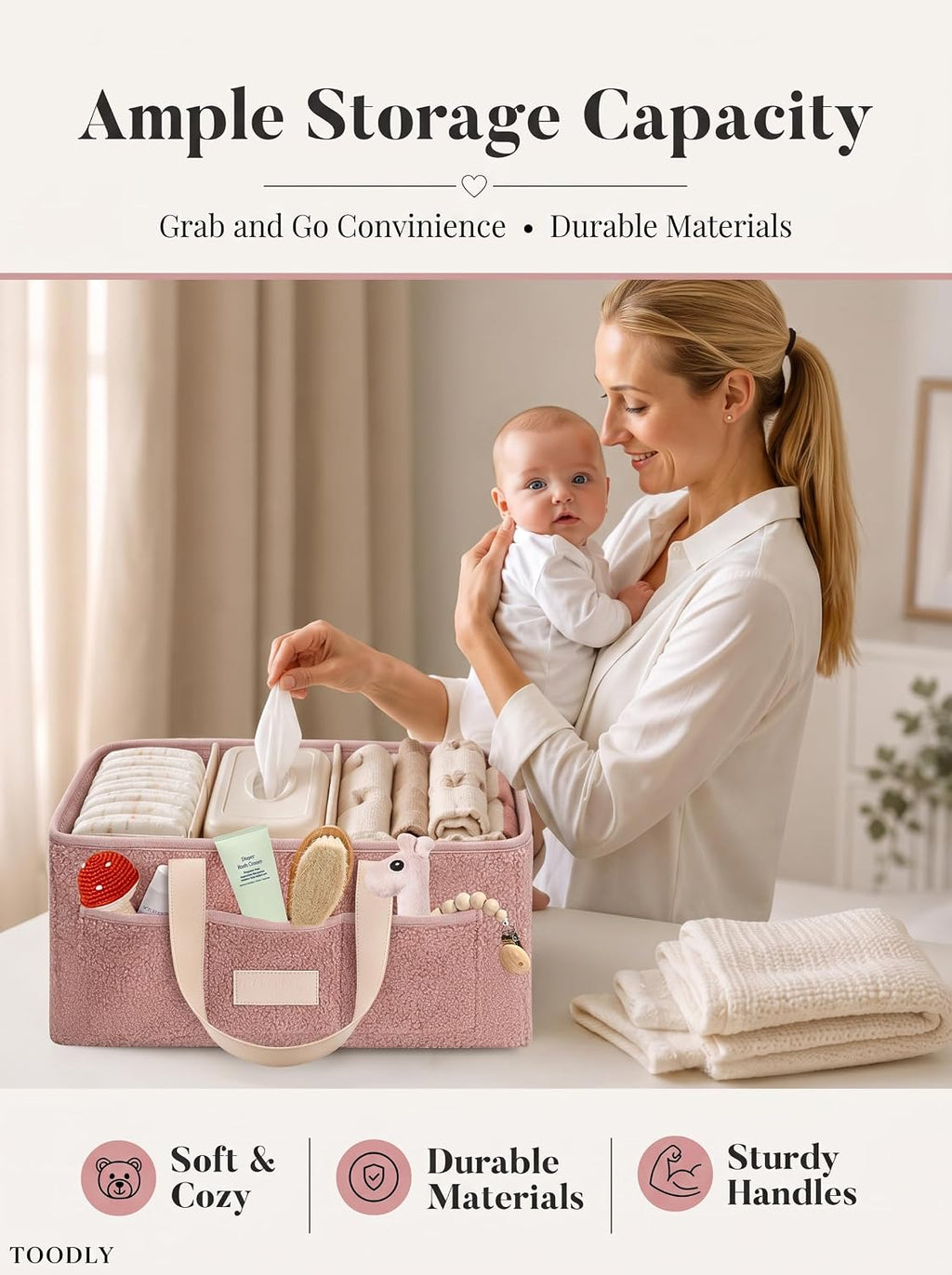 Baby Diaper Caddy Organizer with Waterproof Changing Pad, Pink