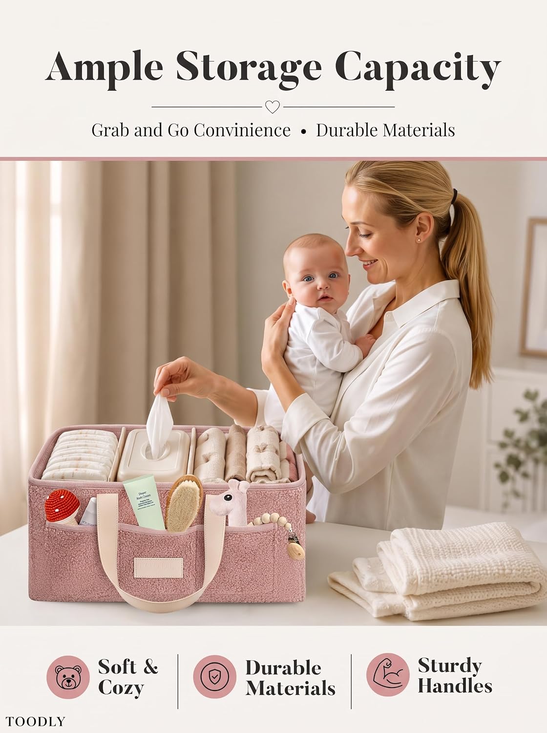 Baby Diaper Caddy Organizer with Waterproof Changing Pad, Pink