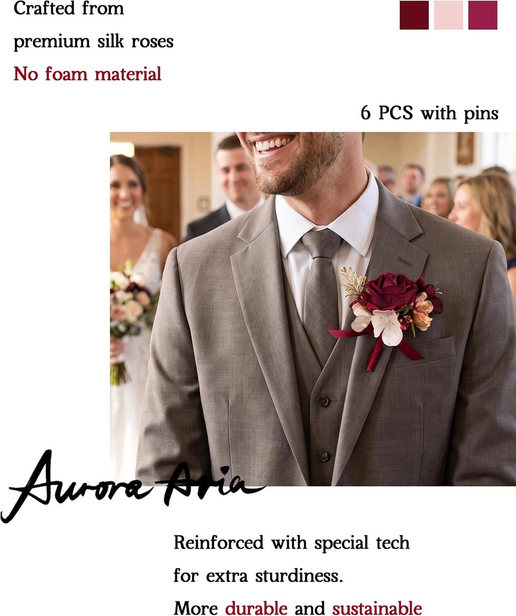 AuroraAria Burgundy Boutonniere for Men,Set of 6,Groom Boutonniere for Wedding,Anniversary,Homecoming,Formal Dinner Party,Wedding Decor,Artificial Red Rose