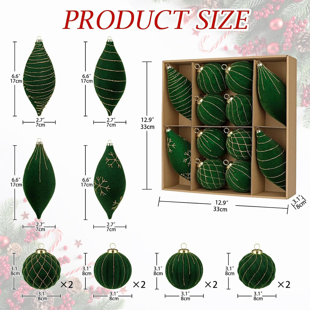 12PCS Velvet Christmas Ornaments Balls 3.15/6.6 Inch Flocked Ornament Sets Glitter Balls for Xmas Hanging Ornaments Decoration Wedding Party Holiday Decor - Evergreen Green