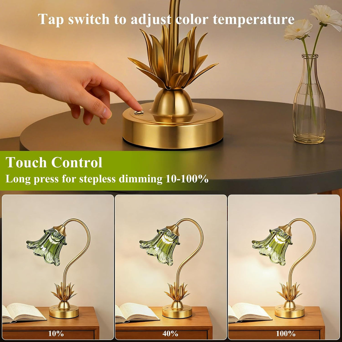PARTPHONER Cordless Flower Table Lamp with Glass Lampshade, 5200mAh Rechargeable Battery, 3-Color Dimmable Touch Control, Portable Desk Lamp for Nightstand, Patio, Camping, Restaurant & Home, Green