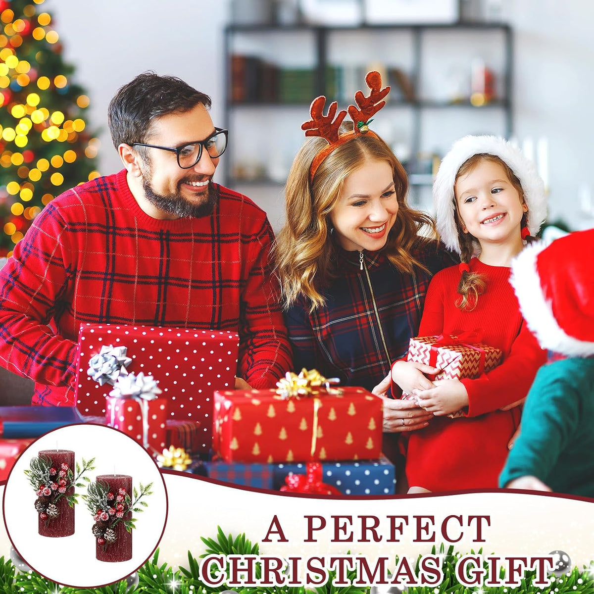 Conelist 2 Pcs Christmas Burgundy Pillar Candles 3 x 6in with Pine Branch