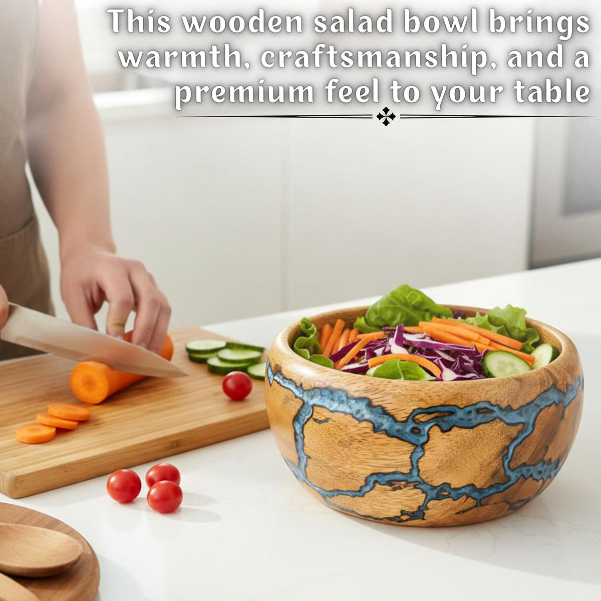 Decorative Wooden Bowl, Handcrafted Blue Resin Serving Bowl for Salad, Fruit & Kitchen Table Décor Bowl (Medium)