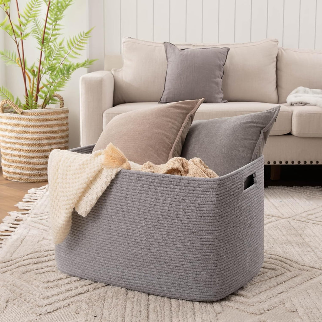 OIAHOMY 118L XXXLarge Rope Storage Basket, Oversized Blanket Basket Grey