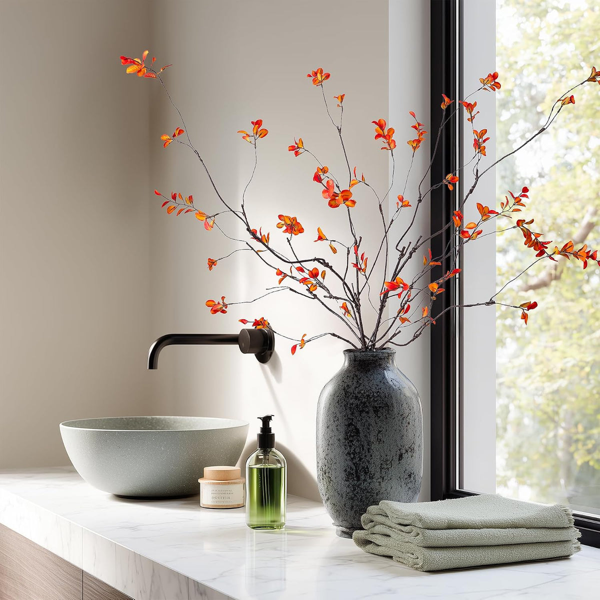 4PCS Artificial Orange Branches 47.2", Extra Long Faux Fall Stems for Tall Vase, Decorative Autumn Branches with Orange Leaves, Bendable Stems for Floor Vase Fall Home Decor