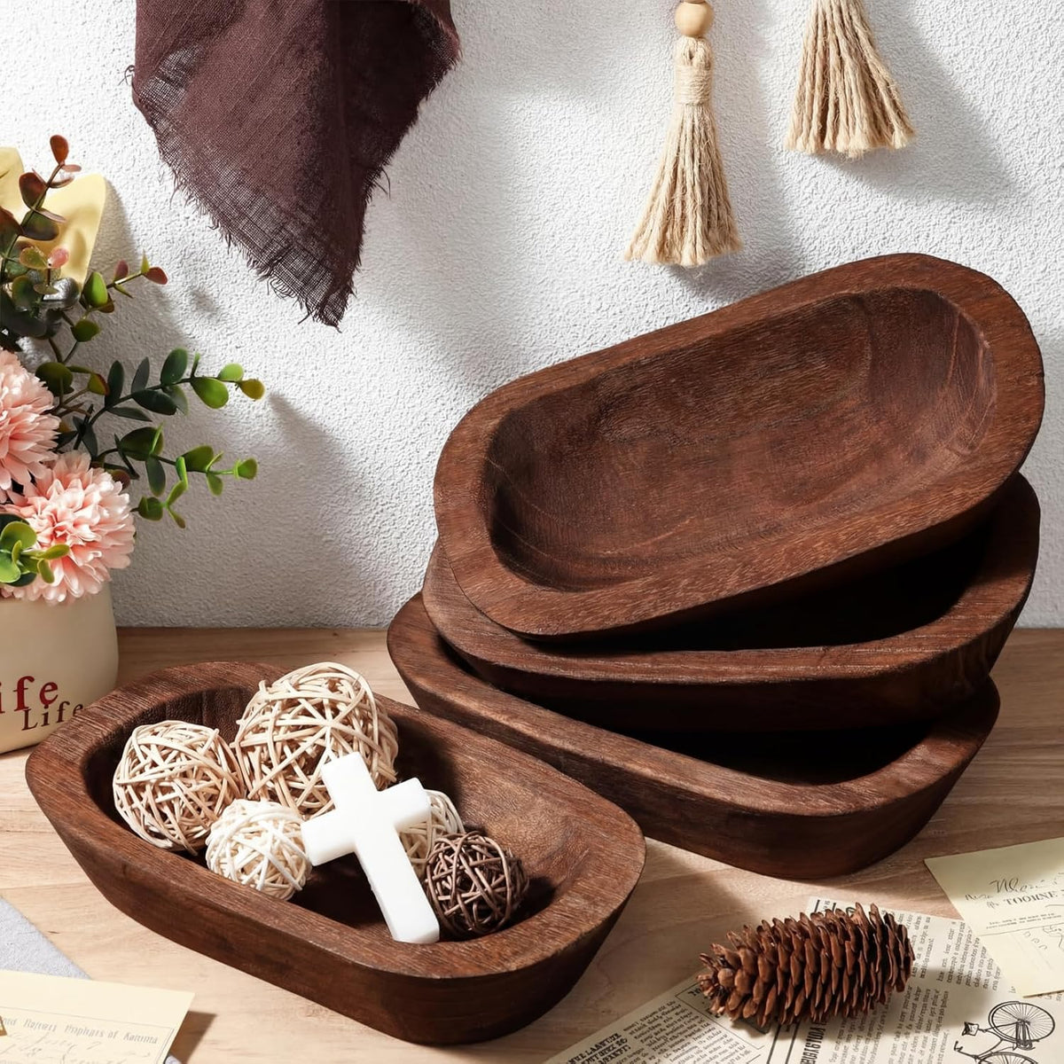 FoldTier 4 Pcs Wooden Dough Bowl Wood Decorative Rustic Wooden Bowls Table Centerpiece for Living Room Home Dining Room Kitchen Easter Decoration(Retro,10'' X 6'' X 2'',Classic)