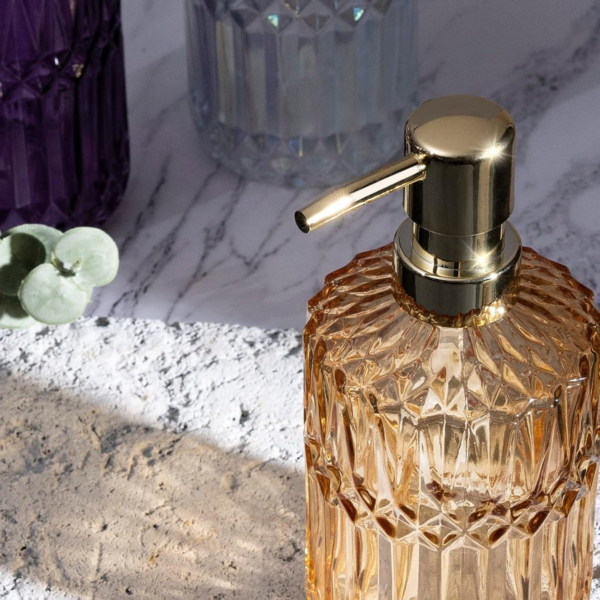 Diamond Design 12 Oz Green Glass Soap Dispenser,Refillable Lotion Soap Dispenser for Bathroom, Kitchen, Hand Soap, Dish Soap,Shampoo, Ideal for Bathroom Countertop. (Clear Gold)
