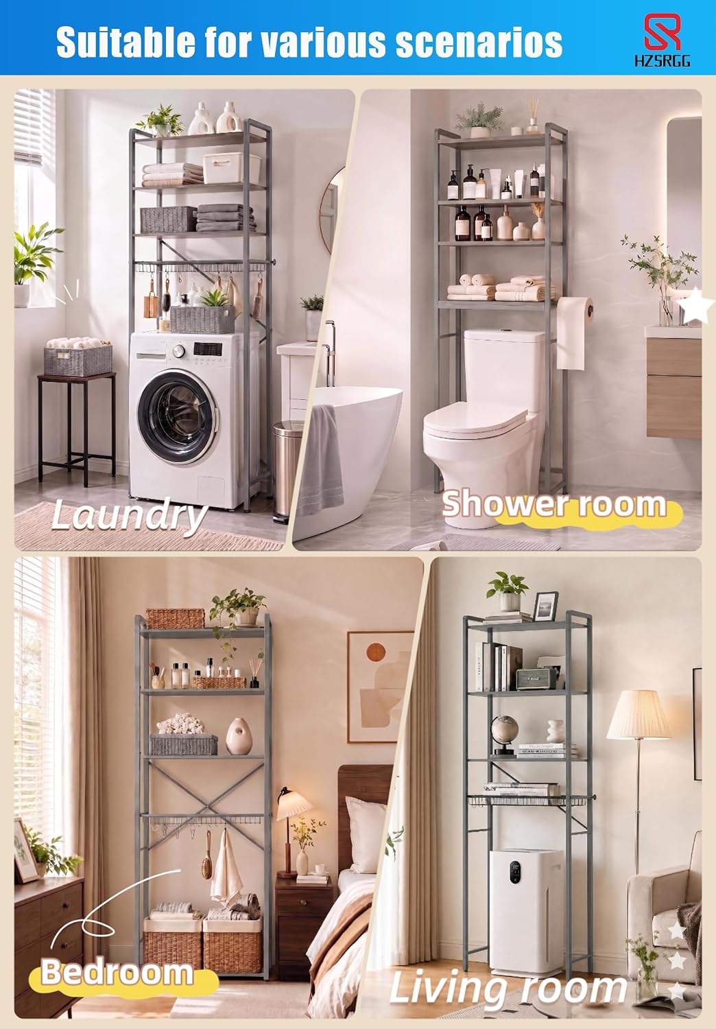 Over The Toilet Storage, 4-Tier Bathroom Organizer with V-Shaped Support & Pre-Welded Frame, Freestanding Rustproof Shelf with Toilet Paper Holder, Heavy Duty, 60" Tall, Grey